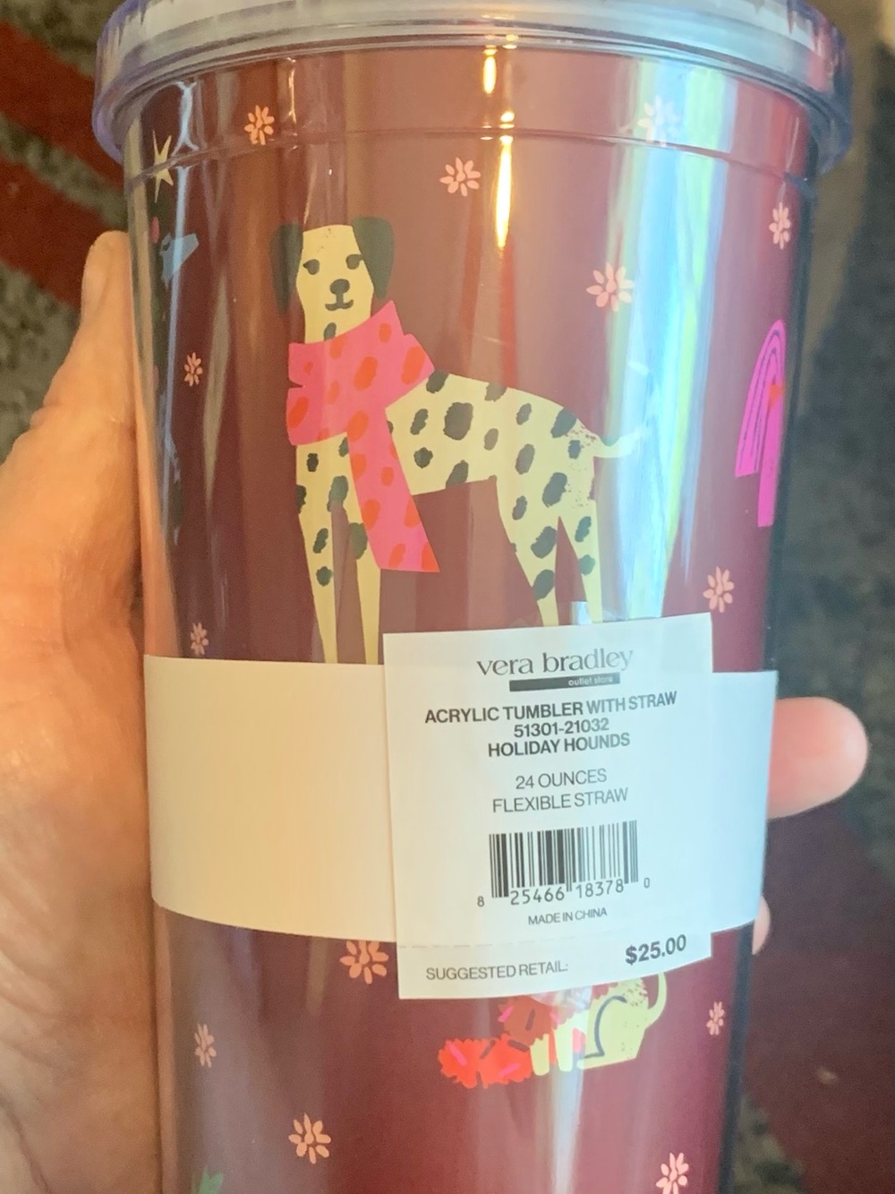 Vera Bradley Holiday Hounds Acrylic Tumbler - Burgundy with Pink Accents